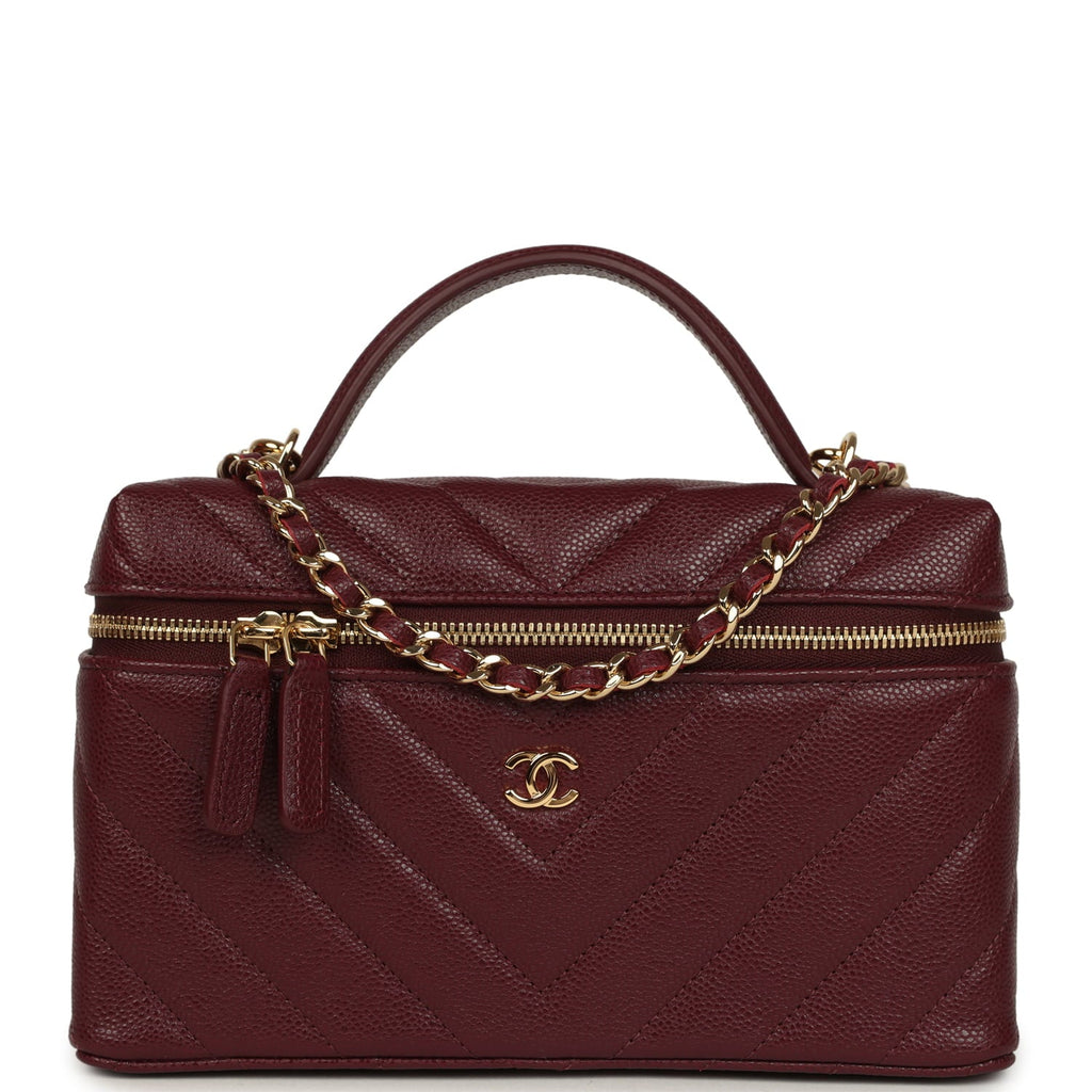 Chanel Chevron Top Handle Long Vanity Case with Chain Dark Burgundy Shiny Caviar Gold Hardware