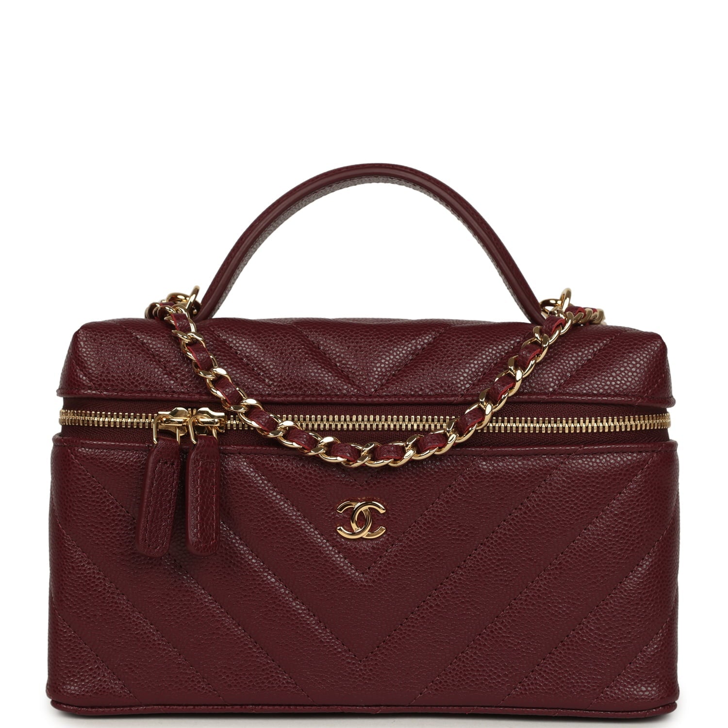 Chanel Chevron Top Handle Long Vanity Case with Chain Dark Burgundy Shiny Caviar Gold Hardware