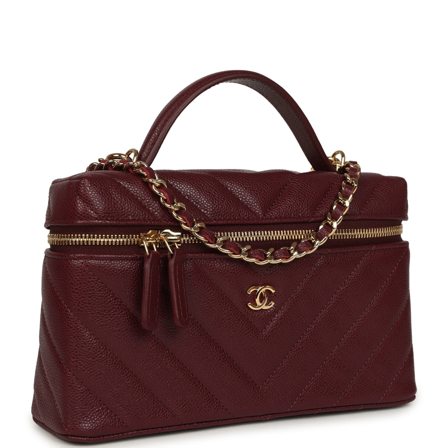 Chanel Chevron Top Handle Long Vanity Case with Chain Dark Burgundy Shiny Caviar Gold Hardware