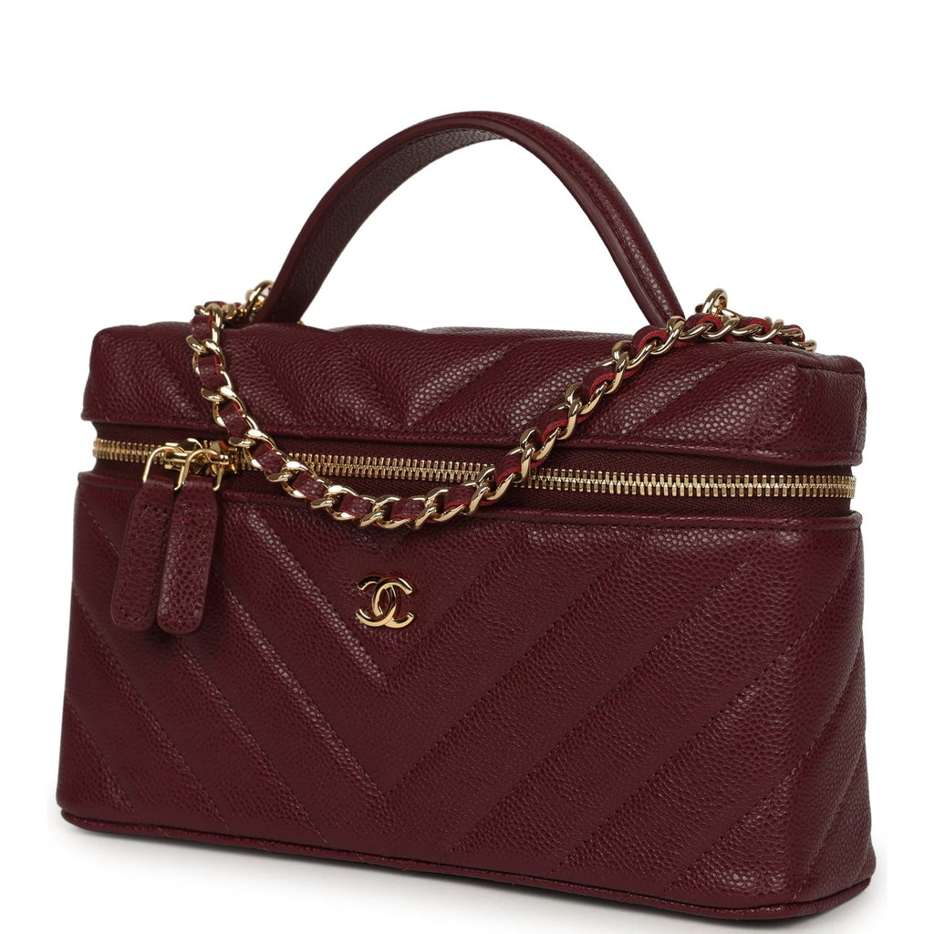 Chanel Chevron Top Handle Long Vanity Case with Chain Dark Burgundy Shiny Caviar Gold Hardware