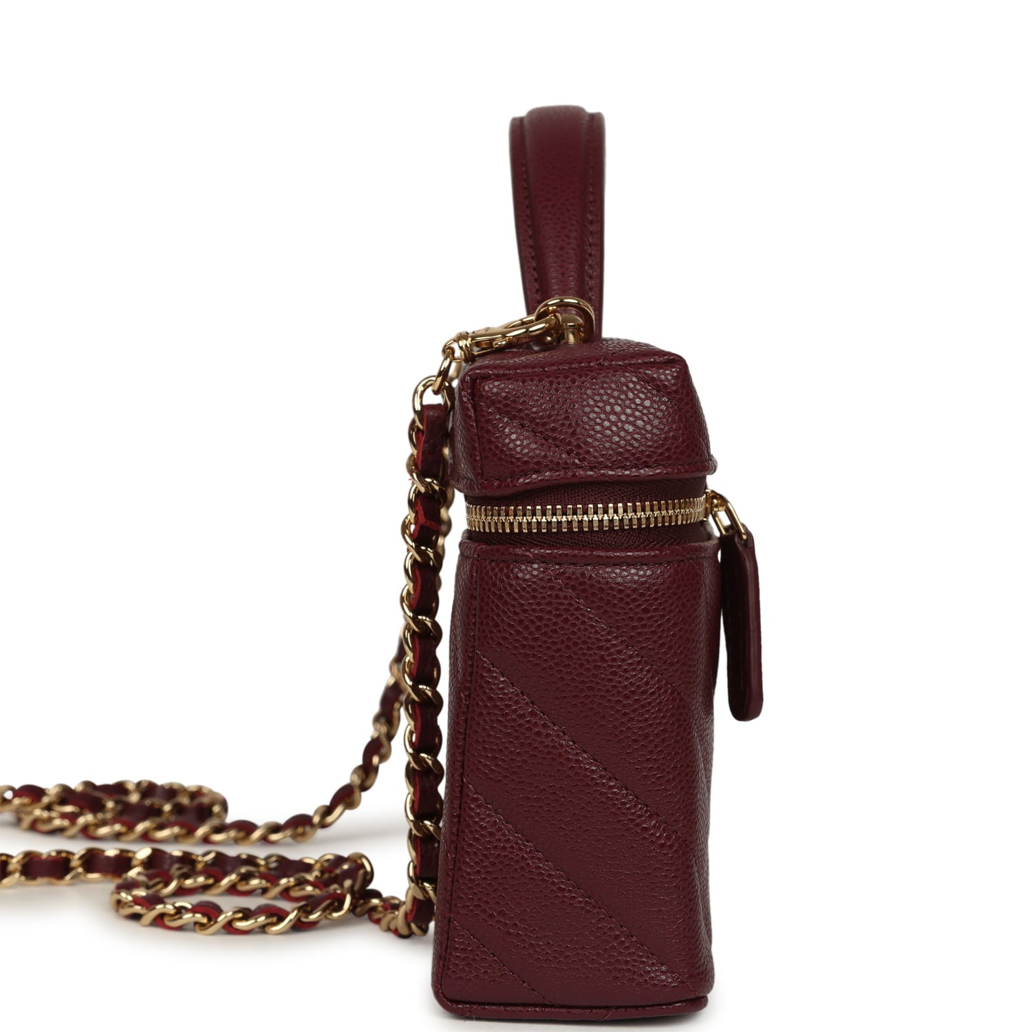 Chanel Chevron Top Handle Long Vanity Case with Chain Dark Burgundy Shiny Caviar Gold Hardware