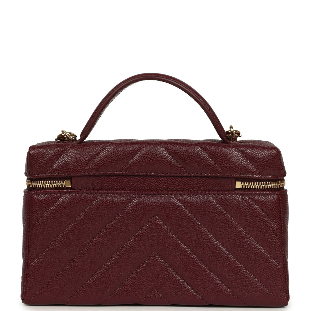 Chanel Chevron Top Handle Long Vanity Case with Chain Dark Burgundy Shiny Caviar Gold Hardware