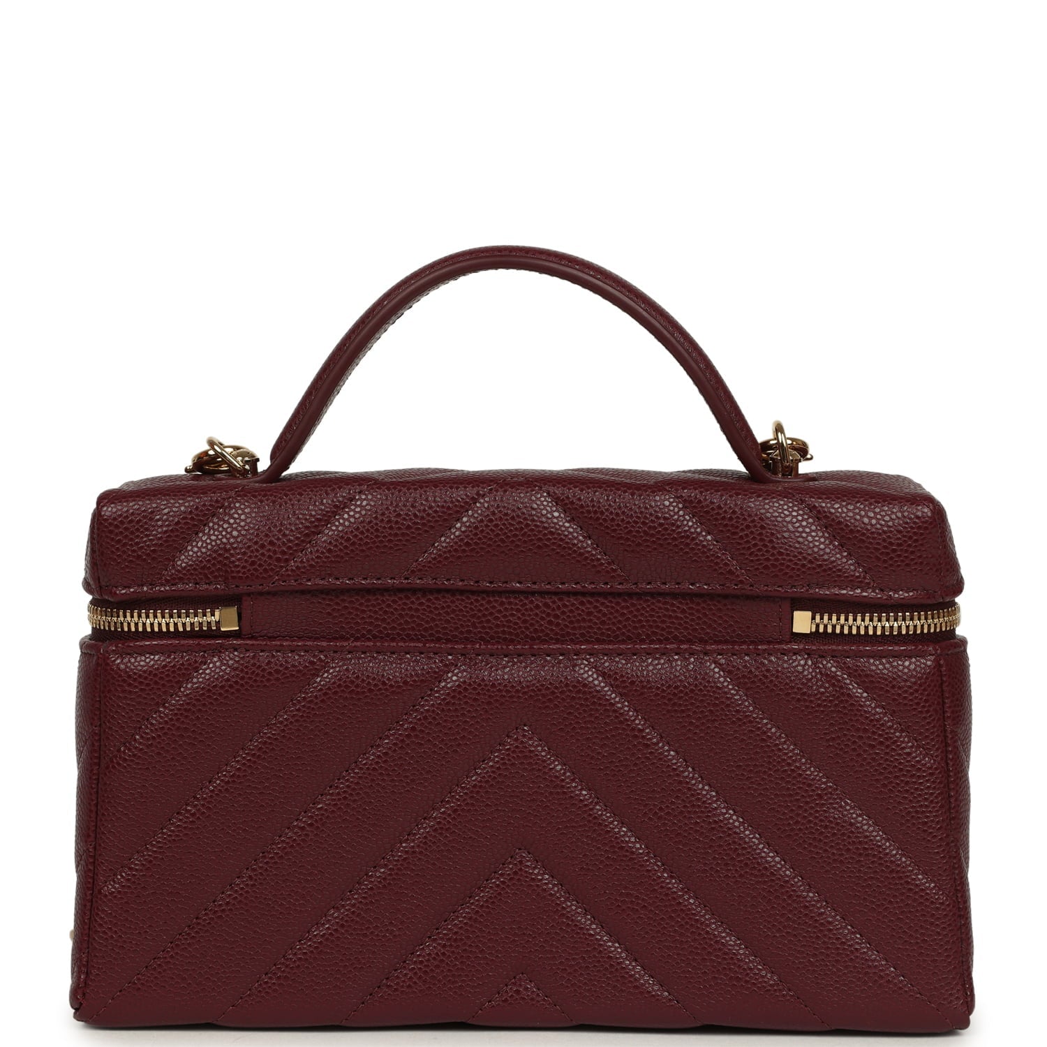 Chanel Chevron Top Handle Long Vanity Case with Chain Dark Burgundy Shiny Caviar Gold Hardware
