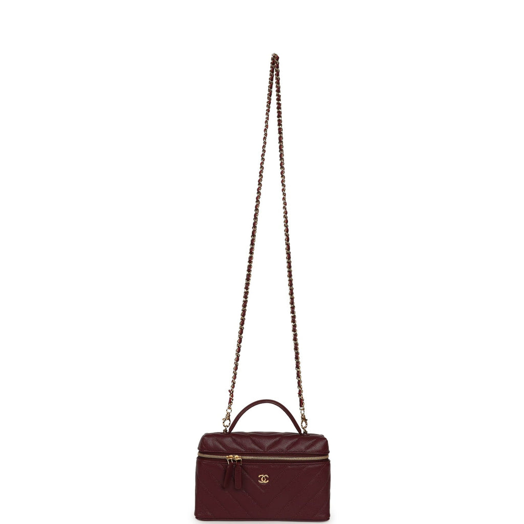 Chanel Chevron Top Handle Long Vanity Case with Chain Dark Burgundy Shiny Caviar Gold Hardware