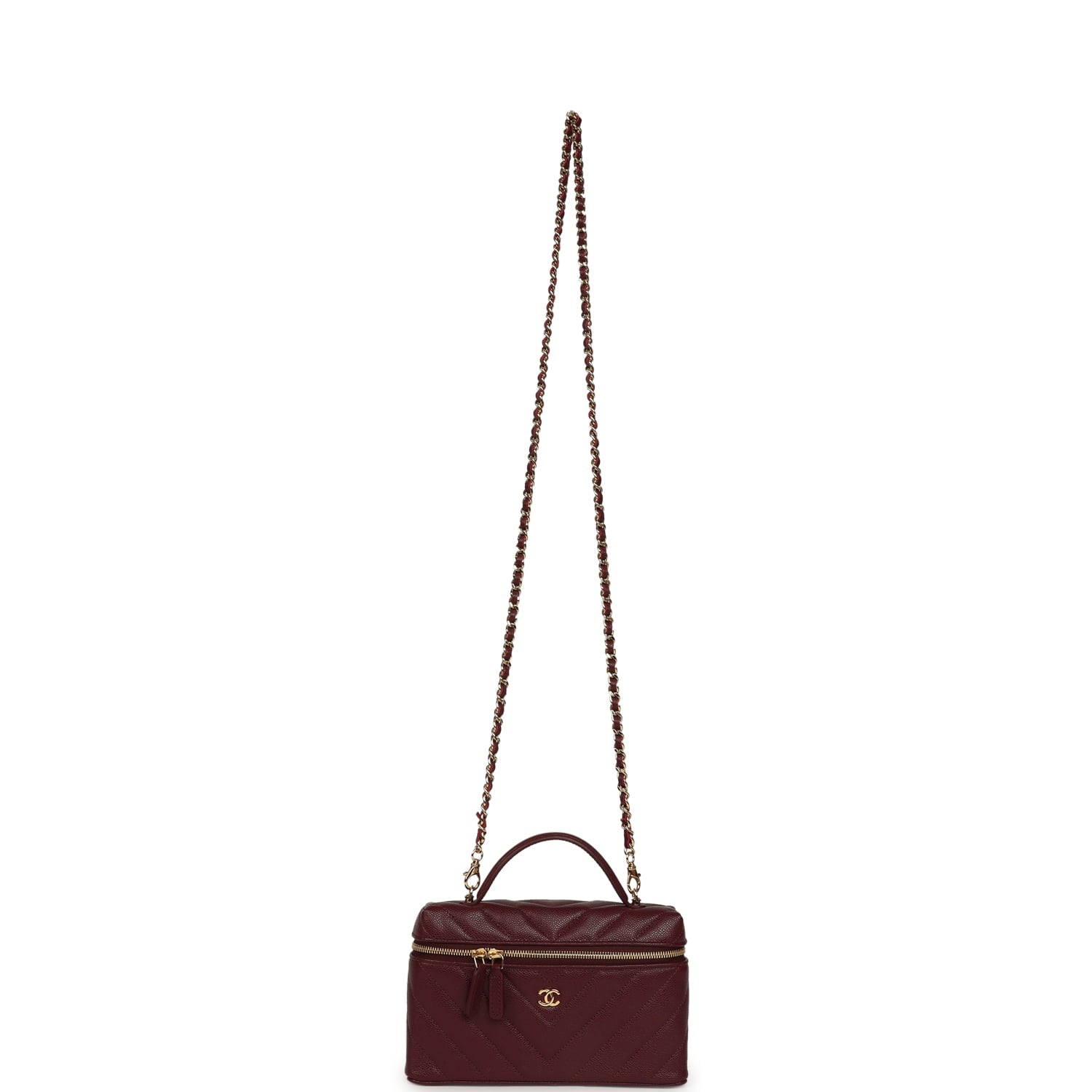 Chanel Chevron Top Handle Long Vanity Case with Chain Dark Burgundy Shiny Caviar Gold Hardware
