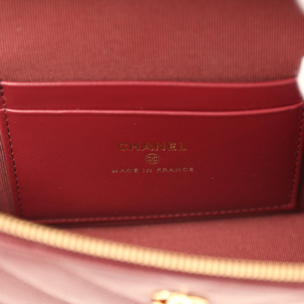 Chanel Chevron Top Handle Long Vanity Case with Chain Dark Burgundy Shiny Caviar Gold Hardware