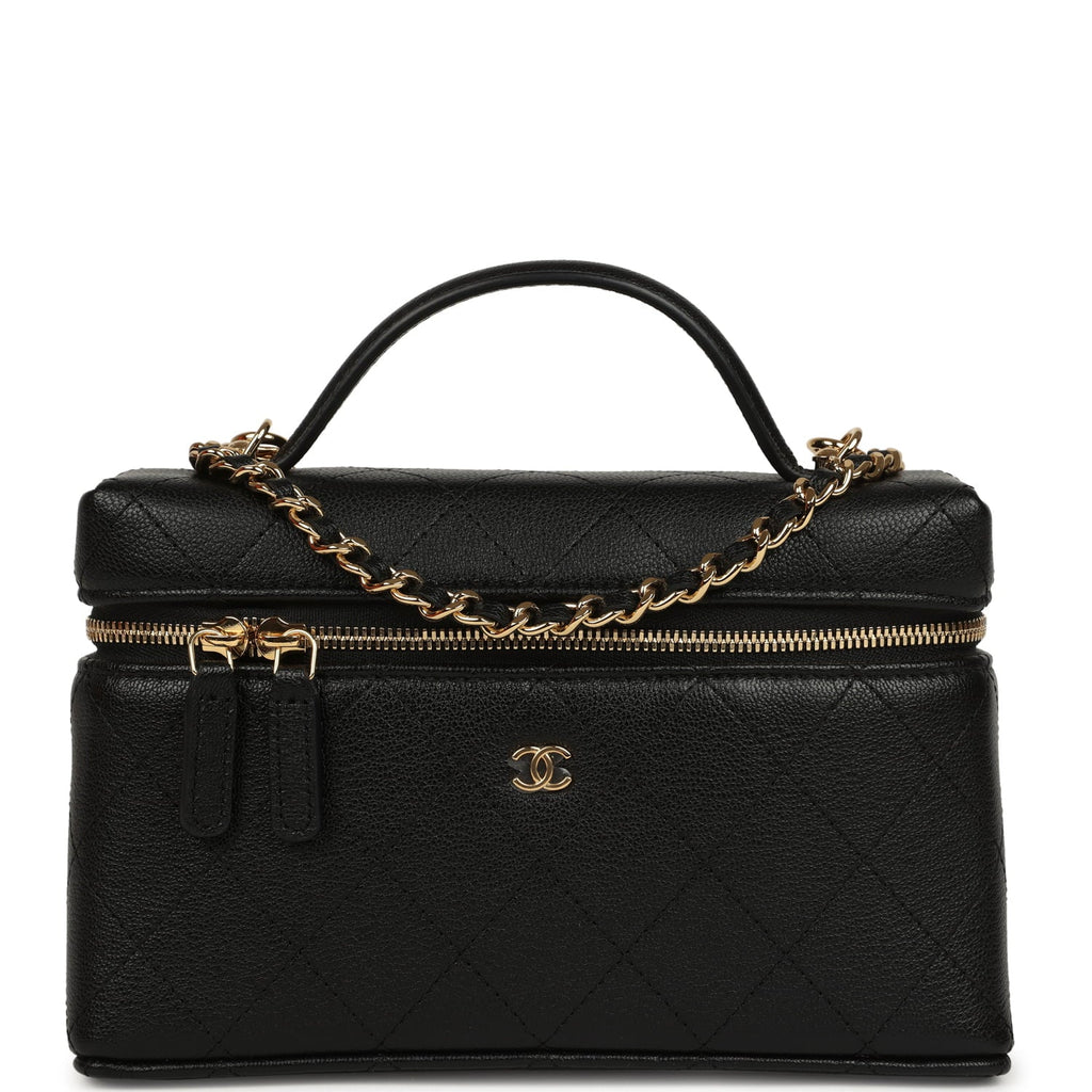 Chanel Top Handle Long Vanity Case with Chain Black Grained Goatskin Gold Hardware