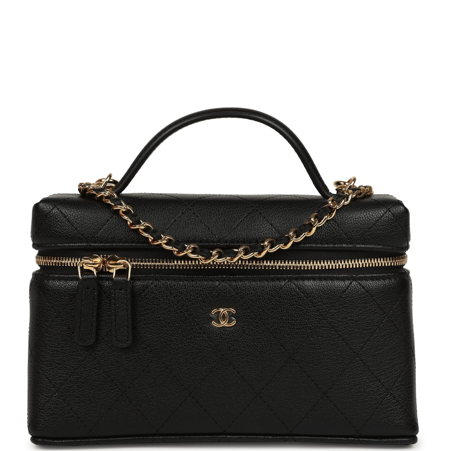 Chanel Top Handle Long Vanity Case with Chain Black Grained Goatskin Gold Hardware