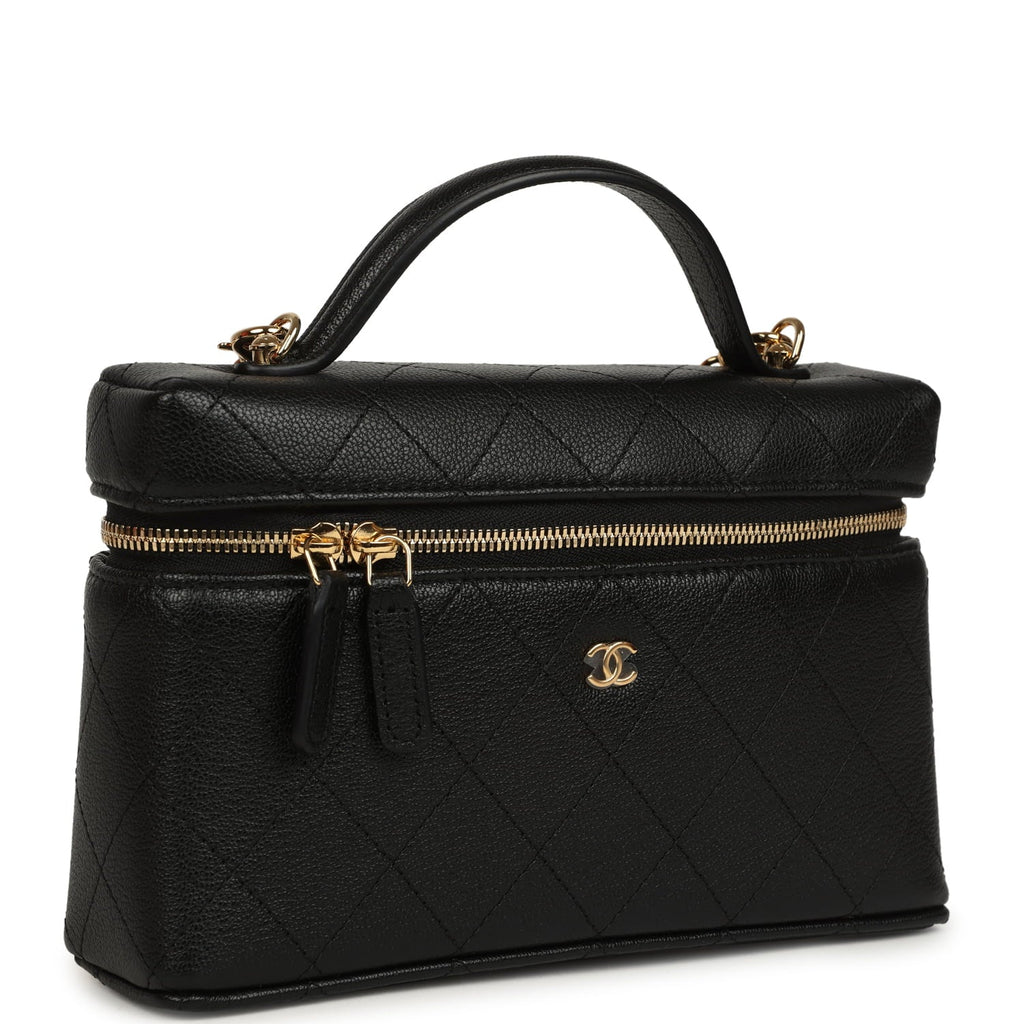 Chanel Top Handle Long Vanity Case with Chain Black Grained Goatskin Gold Hardware