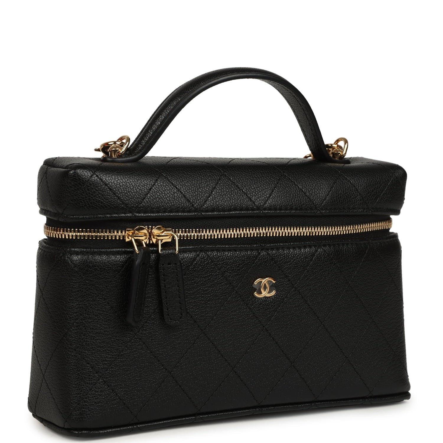 Chanel Top Handle Long Vanity Case with Chain Black Grained Goatskin Gold Hardware