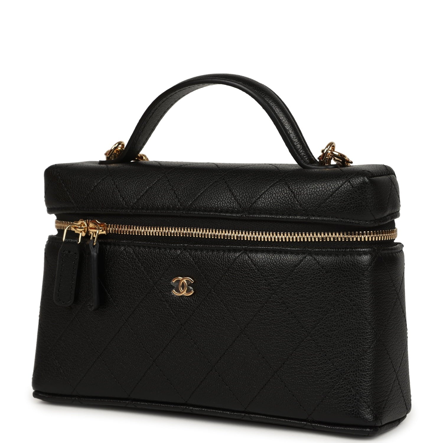 Chanel Top Handle Long Vanity Case with Chain Black Grained Goatskin Gold Hardware