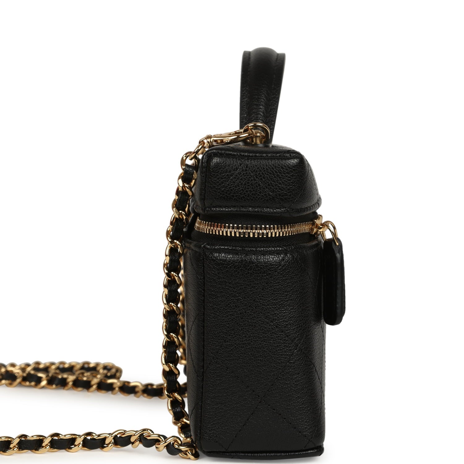 Chanel Top Handle Long Vanity Case with Chain Black Grained Goatskin Gold Hardware