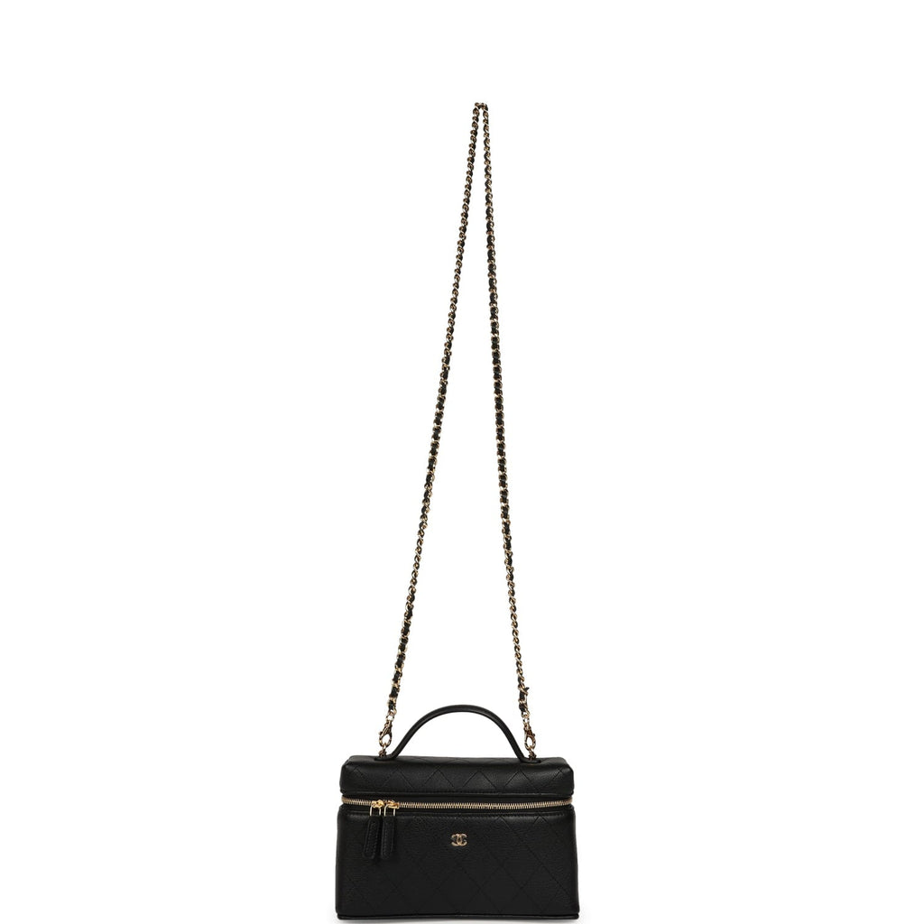Chanel Top Handle Long Vanity Case with Chain Black Grained Goatskin Gold Hardware