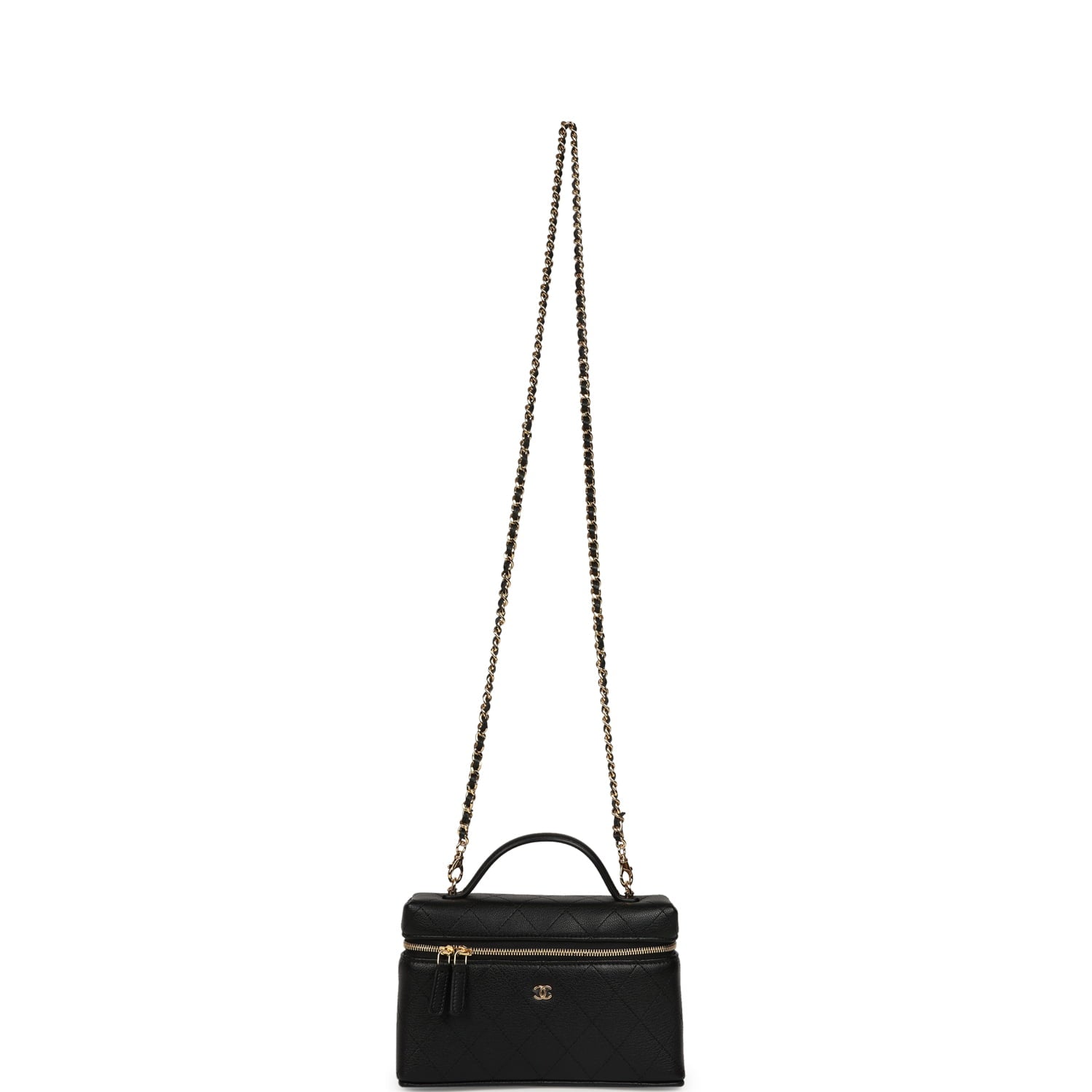 Chanel Top Handle Long Vanity Case with Chain Black Grained Goatskin Gold Hardware