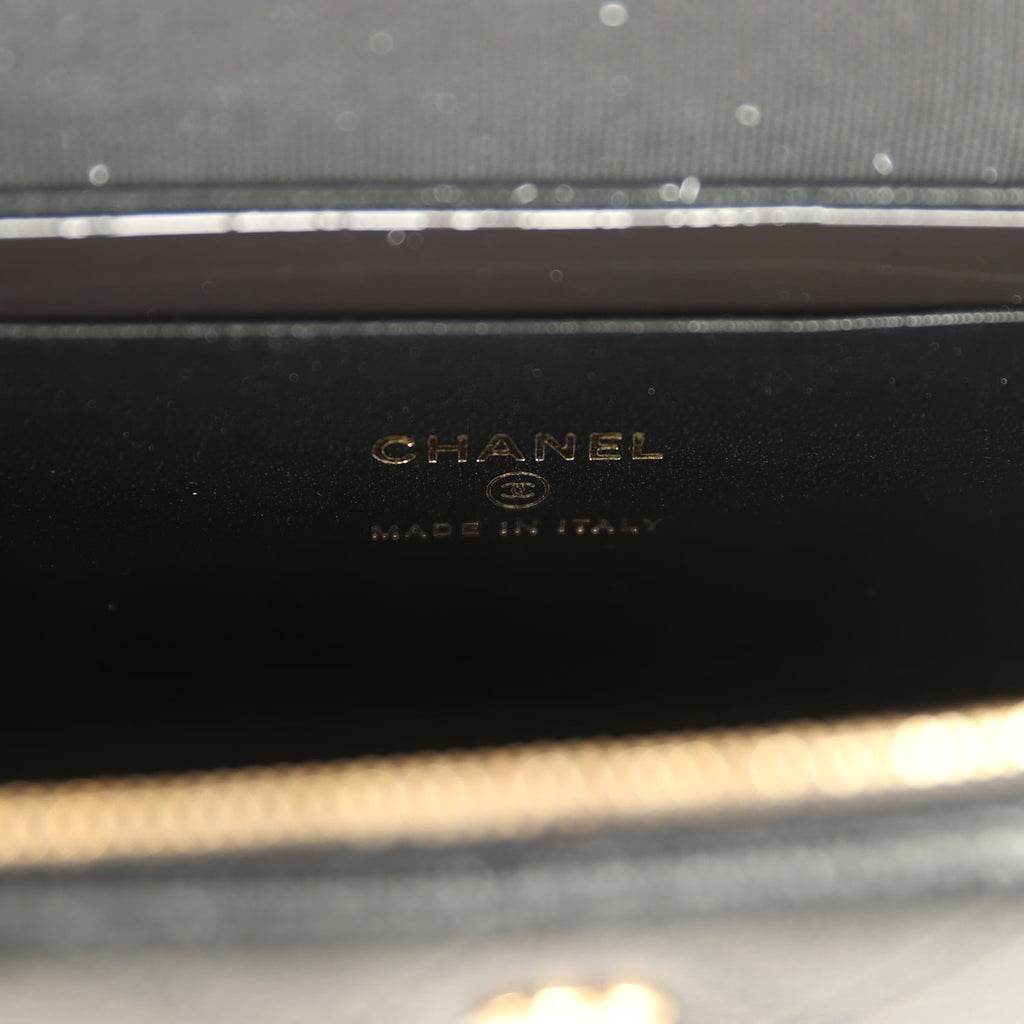 Chanel Top Handle Long Vanity Case with Chain Black Grained Goatskin Gold Hardware