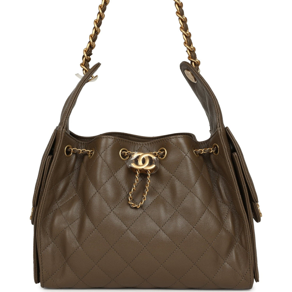 Chanel Small 25 Hobo Bag Dark Khaki Caviar Antique Gold Hardware
