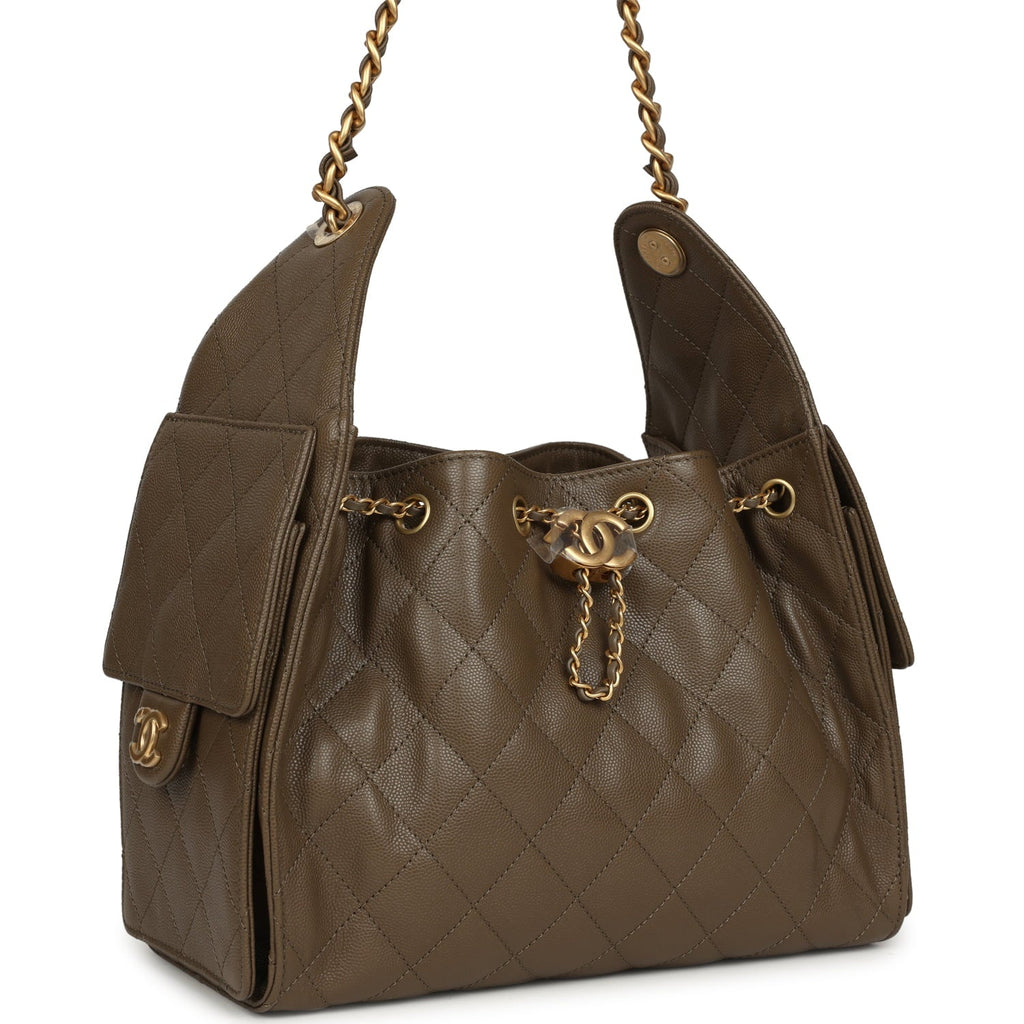 Chanel Small 25 Hobo Bag Dark Khaki Caviar Antique Gold Hardware