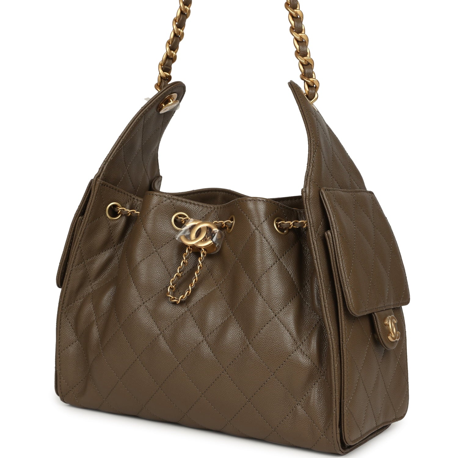 Chanel Small 25 Hobo Bag Dark Khaki Caviar Antique Gold Hardware