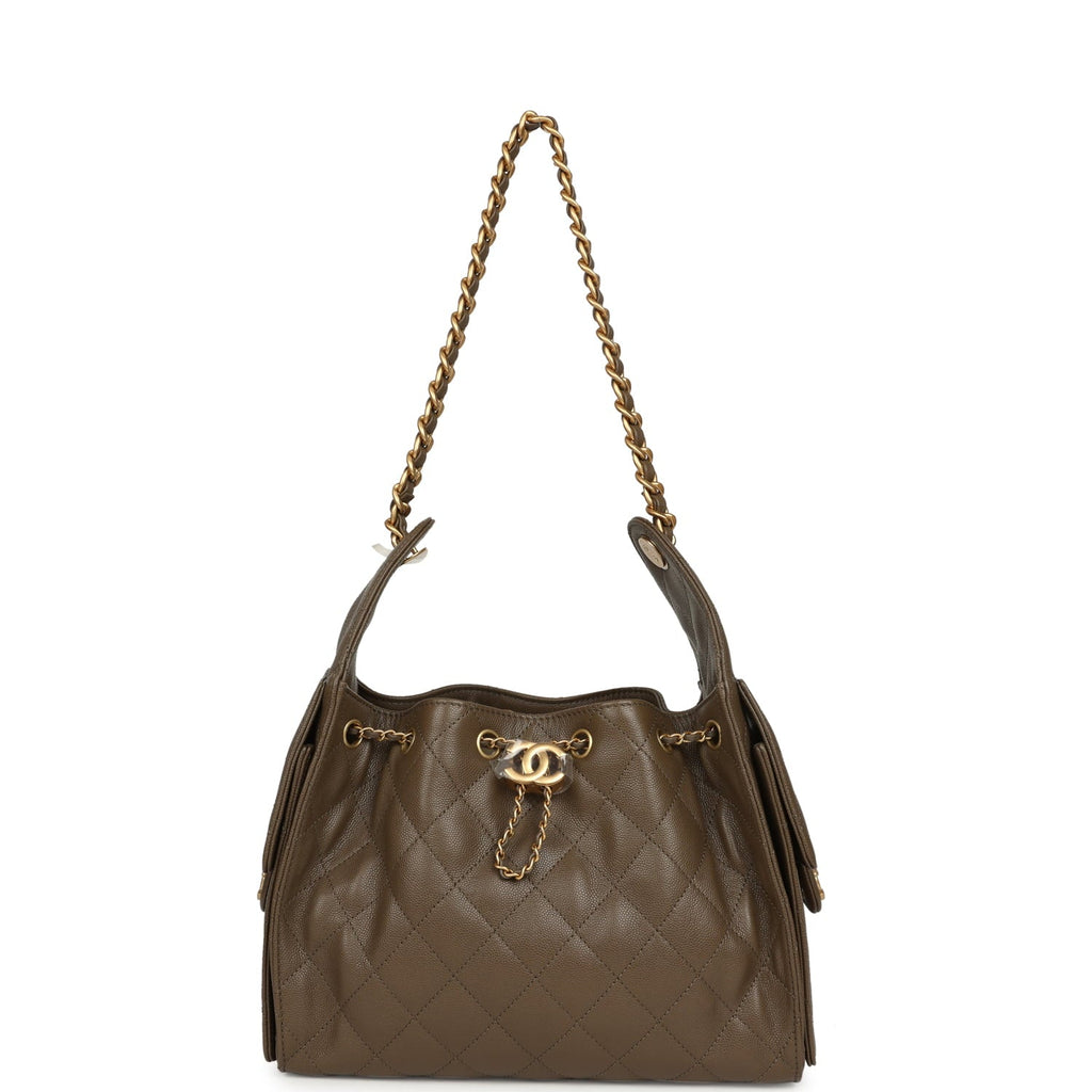 Chanel Small 25 Hobo Bag Dark Khaki Caviar Antique Gold Hardware