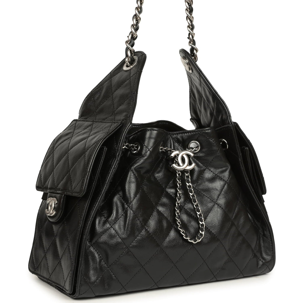 Chanel Small 25 Hobo Bag Black Shiny Aged Crumpled Calfskin Silver Hardware