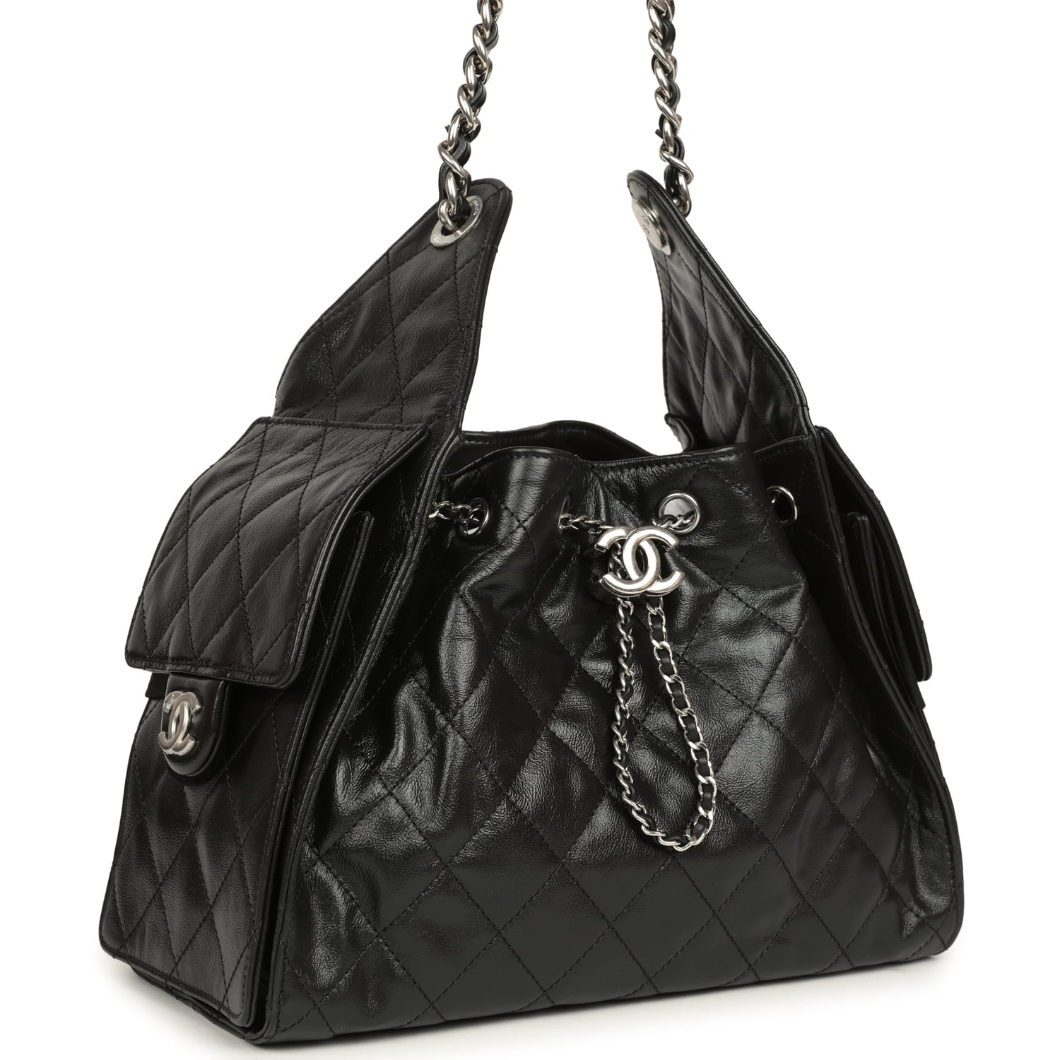Chanel Small 25 Hobo Bag Black Shiny Aged Crumpled Calfskin Silver Hardware