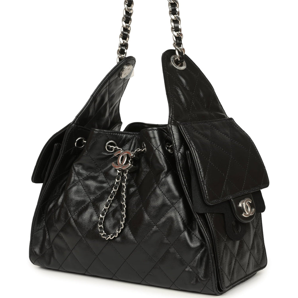Chanel Small 25 Hobo Bag Black Shiny Aged Crumpled Calfskin Silver Hardware