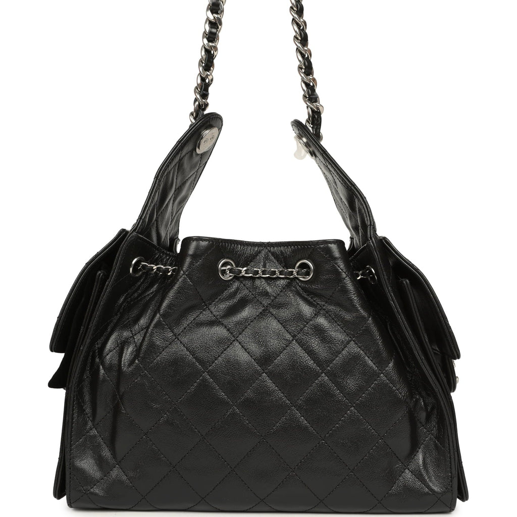 Chanel Small 25 Hobo Bag Black Shiny Aged Crumpled Calfskin Silver Hardware