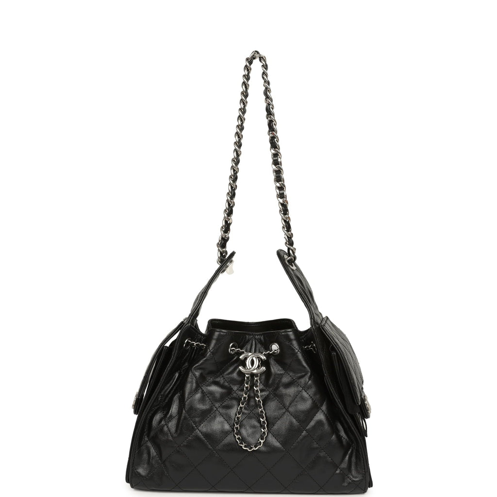 Chanel Small 25 Hobo Bag Black Shiny Aged Crumpled Calfskin Silver Hardware