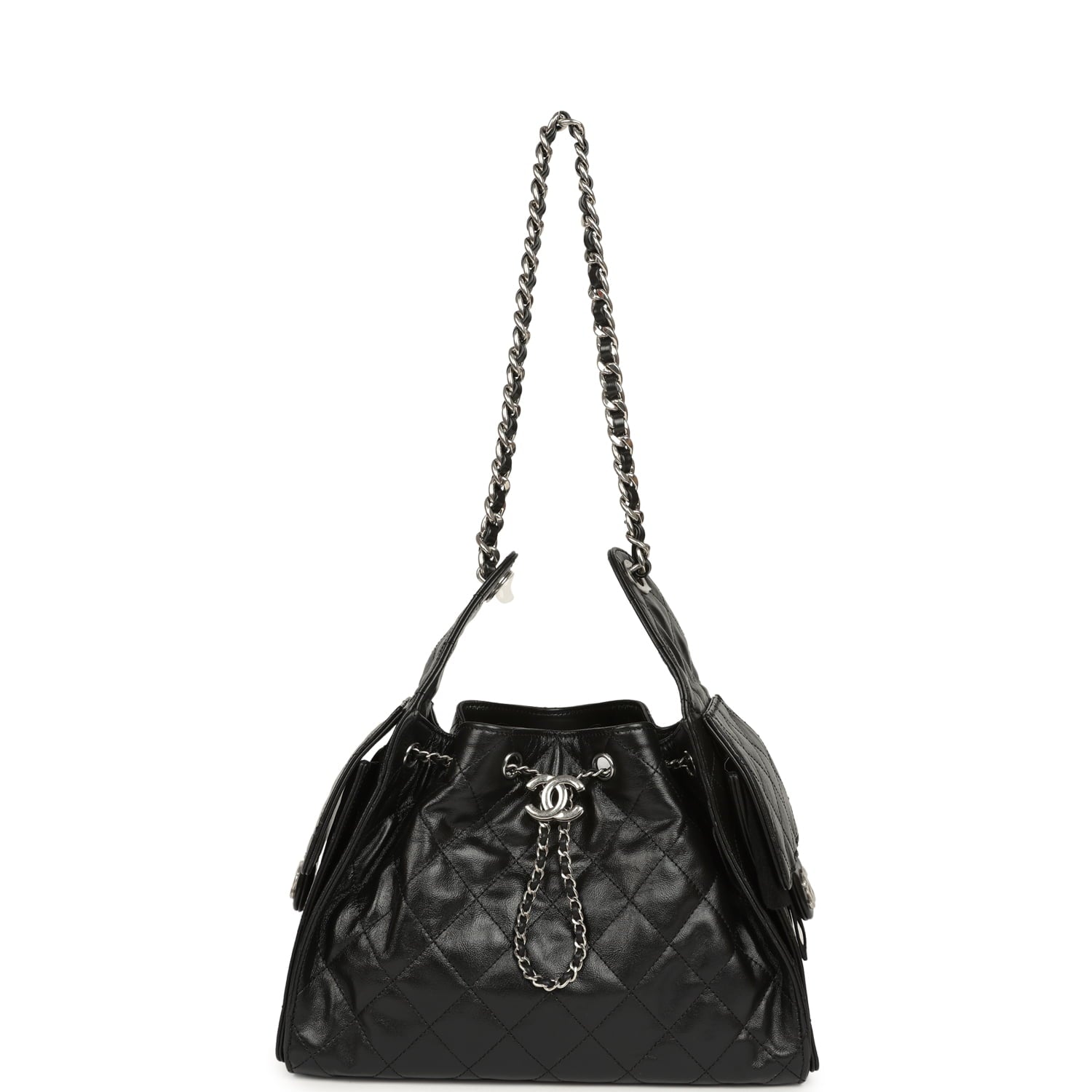 Chanel Small 25 Hobo Bag Black Shiny Aged Crumpled Calfskin Silver Hardware