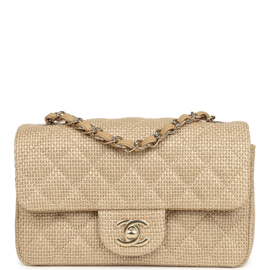 Chanel Mini Rectangular Flap Dark Beige Raffia Light Gold Hardware