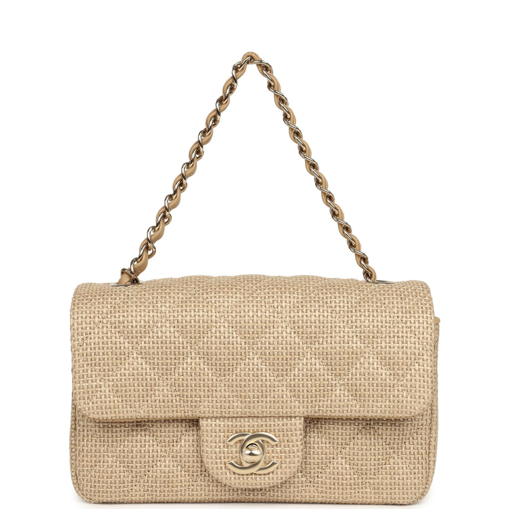Chanel Mini Rectangular Flap Dark Beige Raffia Light Gold Hardware