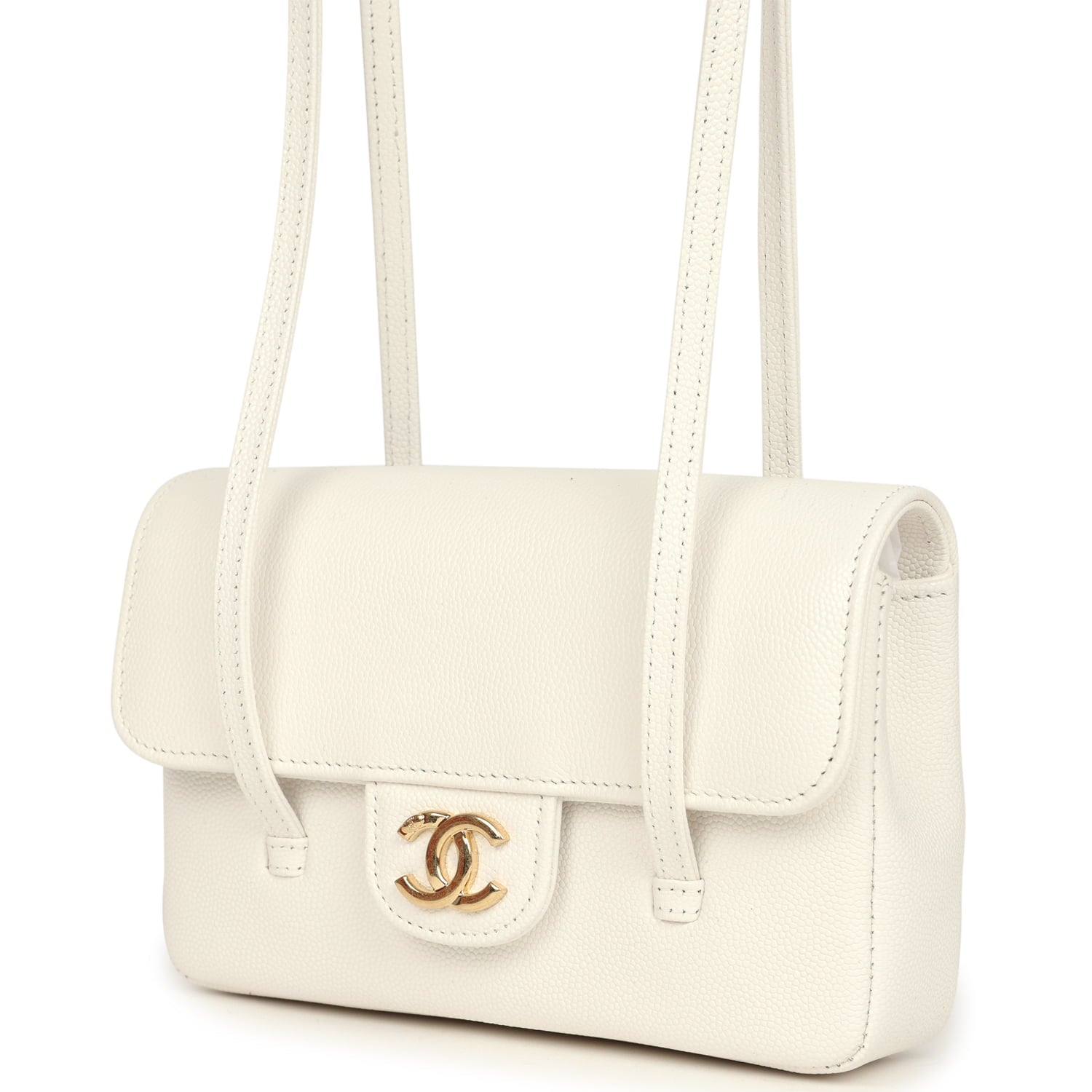 Chanel Mini Preppy Coco Clutch with Straps White Shiny Caviar Brushed Gold Hardware
