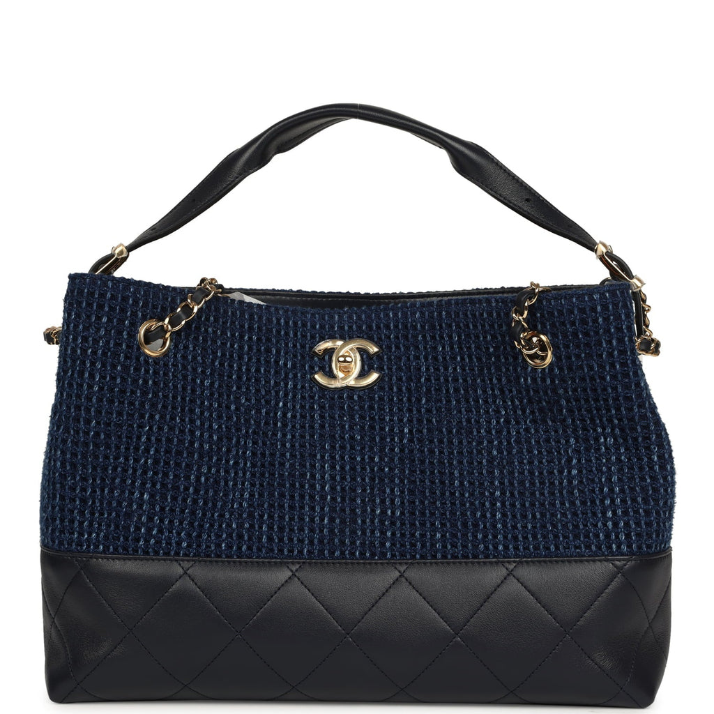 Chanel Small Coco Base Hobo Bag Blue Denim Tweed and Navy Blue Shiny Lambskin Gold Hardware