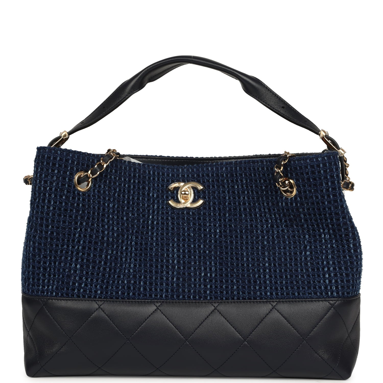 Chanel Small Coco Base Hobo Bag Blue Denim Tweed and Navy Blue Shiny Lambskin Gold Hardware