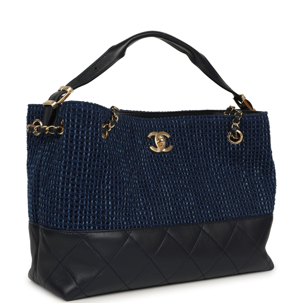 Chanel Small Coco Base Hobo Bag Blue Denim Tweed and Navy Blue Shiny Lambskin Gold Hardware