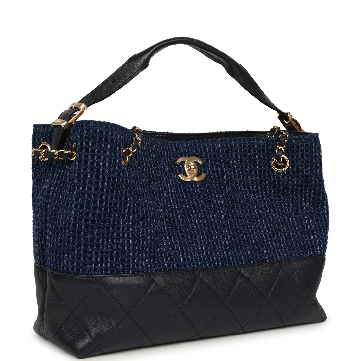 Chanel Small Coco Base Hobo Bag Blue Denim Tweed and Navy Blue Shiny Lambskin Gold Hardware