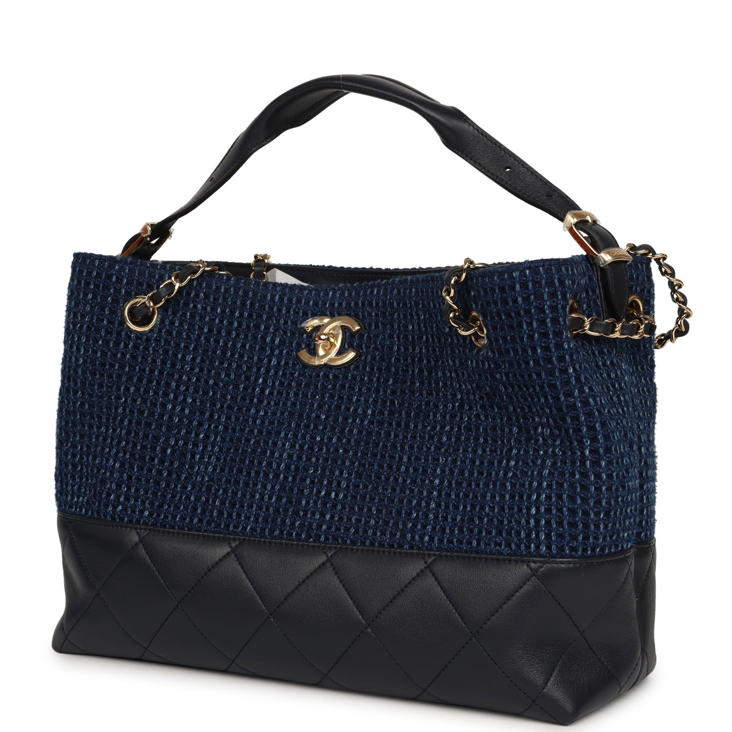 Chanel Small Coco Base Hobo Bag Blue Denim Tweed and Navy Blue Shiny Lambskin Gold Hardware