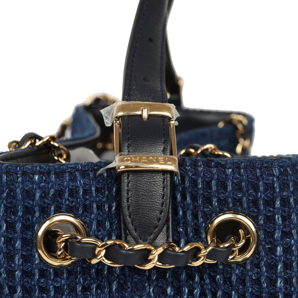 Chanel Small Coco Base Hobo Bag Blue Denim Tweed and Navy Blue Shiny Lambskin Gold Hardware