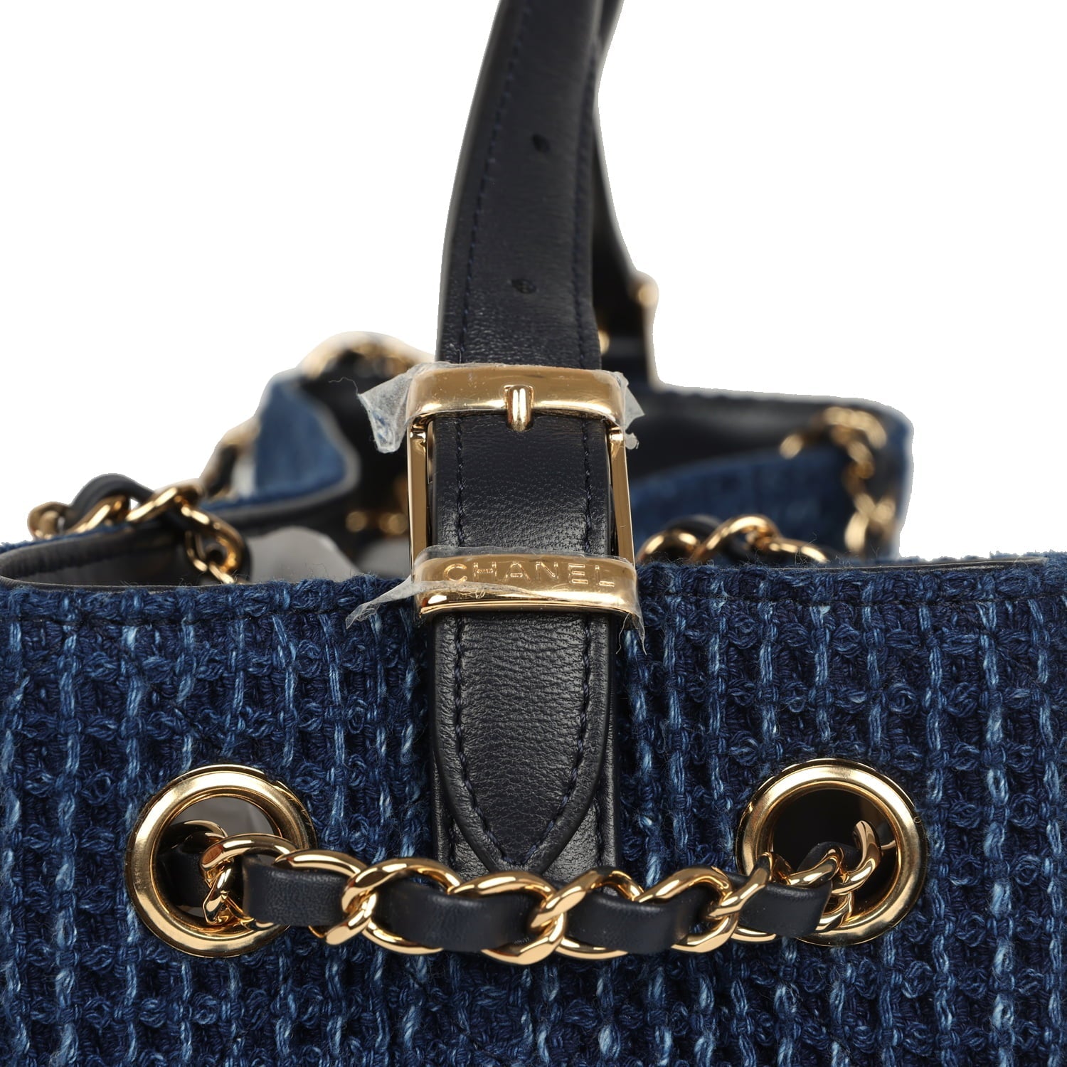 Chanel Small Coco Base Hobo Bag Blue Denim Tweed and Navy Blue Shiny Lambskin Gold Hardware