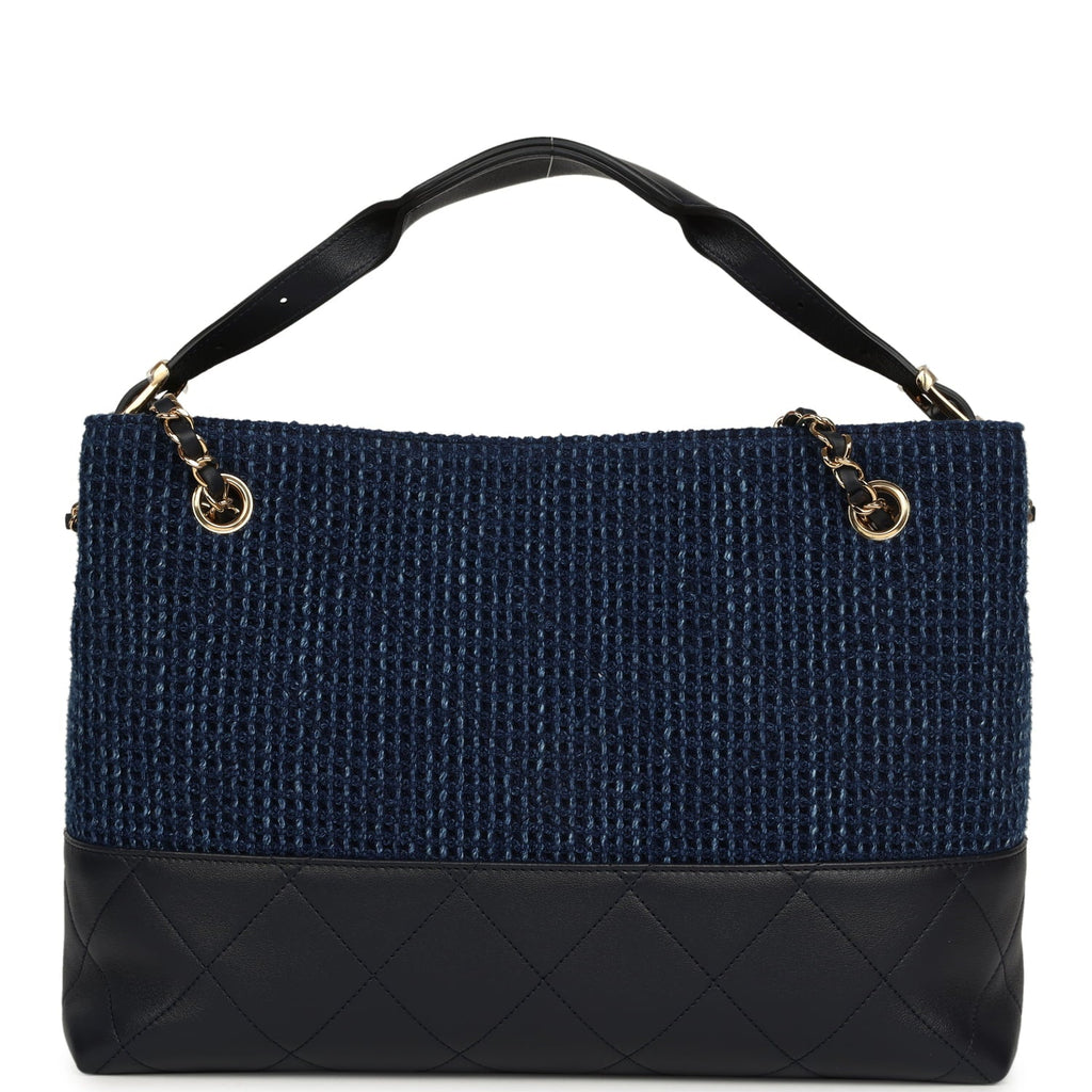 Chanel Small Coco Base Hobo Bag Blue Denim Tweed and Navy Blue Shiny Lambskin Gold Hardware