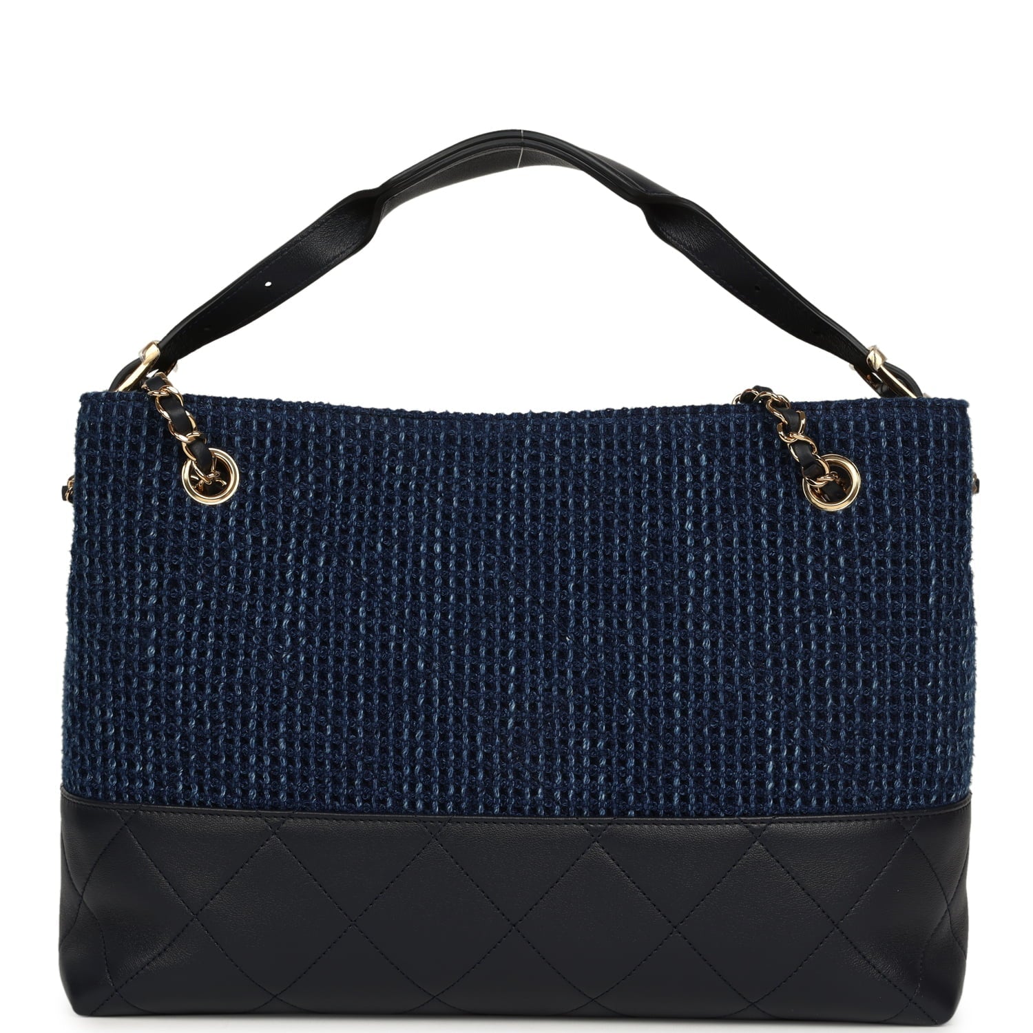 Chanel Small Coco Base Hobo Bag Blue Denim Tweed and Navy Blue Shiny Lambskin Gold Hardware