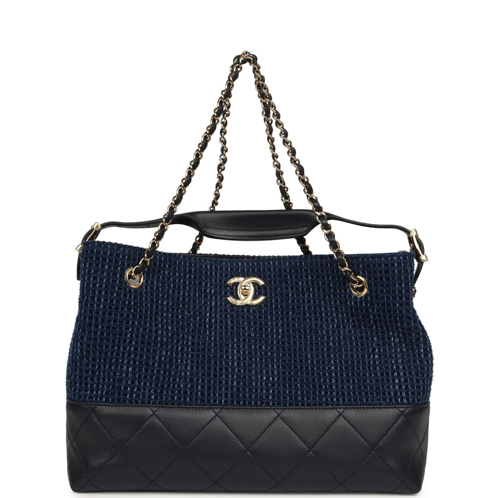 Chanel Small Coco Base Hobo Bag Blue Denim Tweed and Navy Blue Shiny Lambskin Gold Hardware