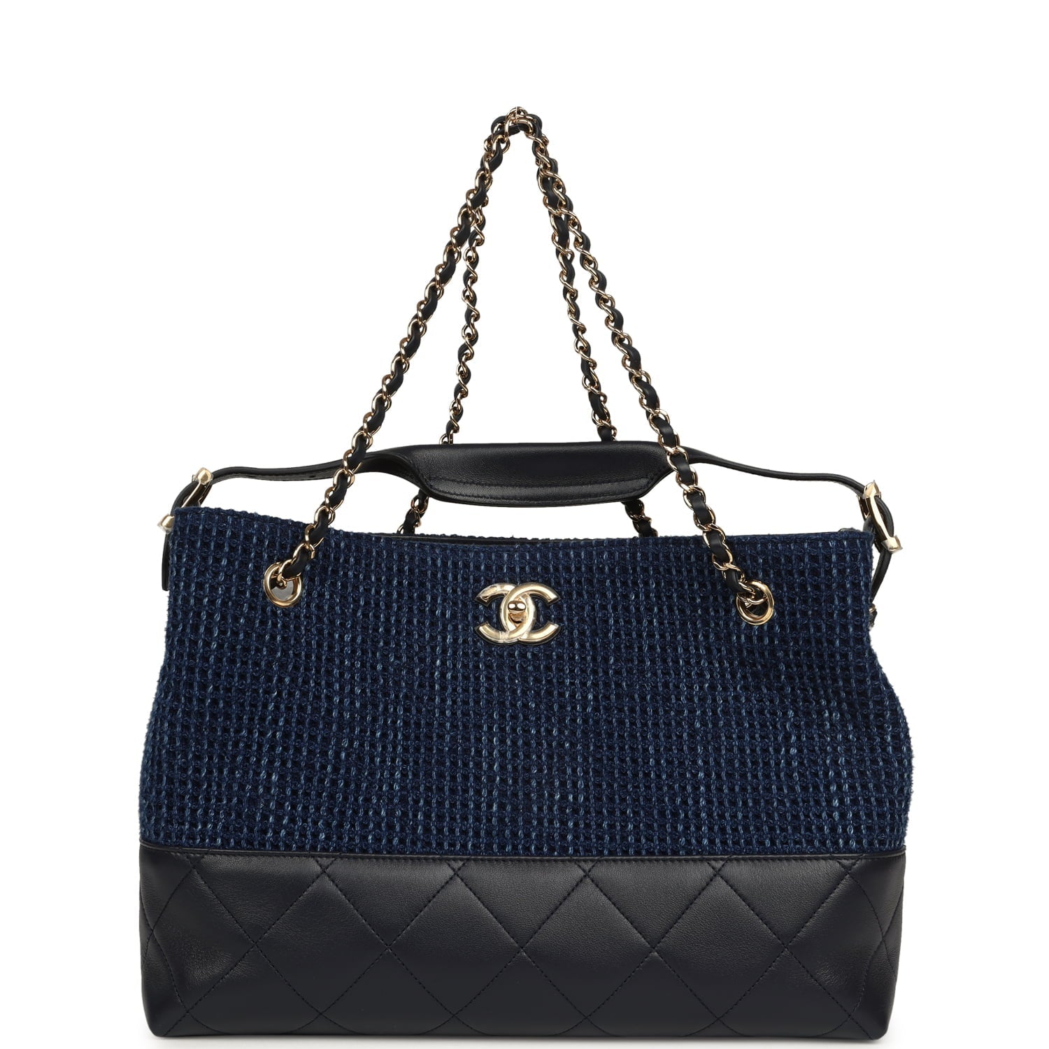 Chanel Small Coco Base Hobo Bag Blue Denim Tweed and Navy Blue Shiny Lambskin Gold Hardware