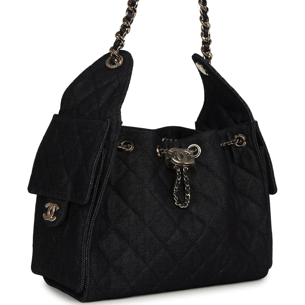 Chanel Small 25 Hobo Bag Dark Blue Denim Light Gold Hardware
