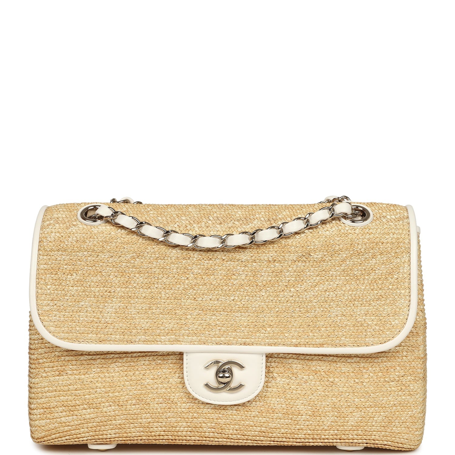 Chanel Large Flap Bag Beige Raffia and White Lambskin Light Gold Hardware
