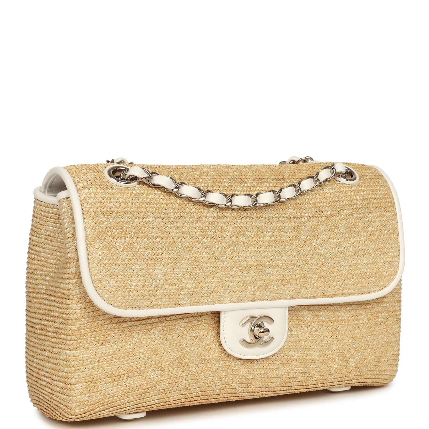 Chanel Large Flap Bag Beige Raffia and White Lambskin Light Gold Hardware