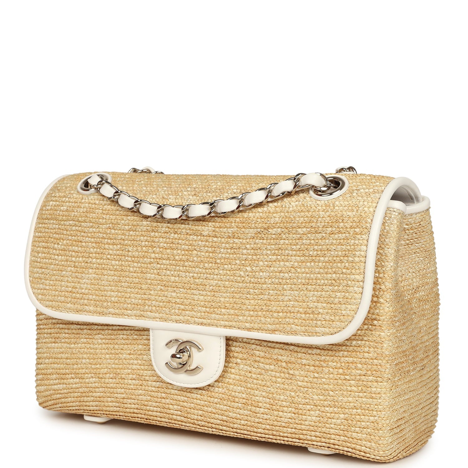 Chanel Large Flap Bag Beige Raffia and White Lambskin Light Gold Hardware