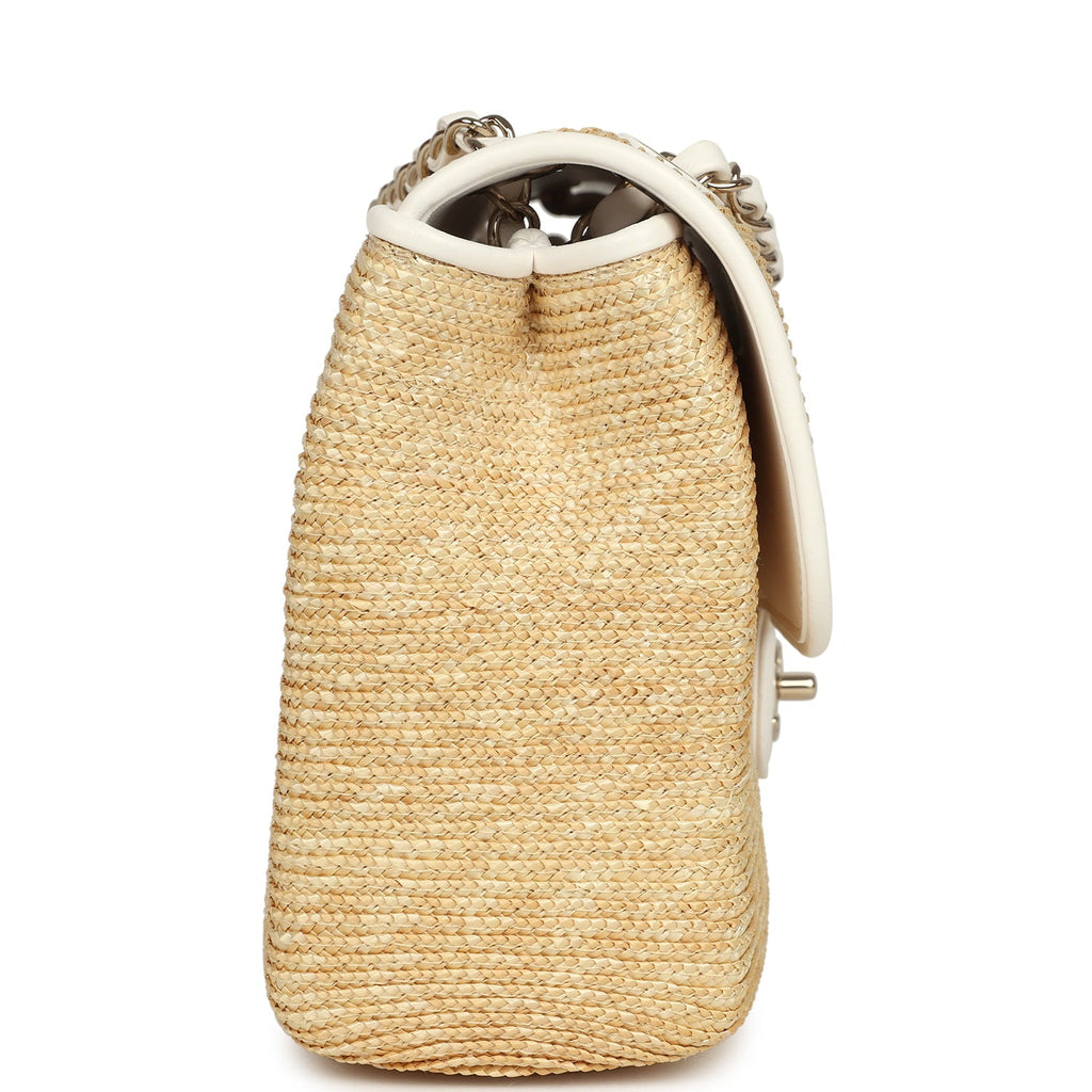 Chanel Large Flap Bag Beige Raffia and White Lambskin Light Gold Hardware