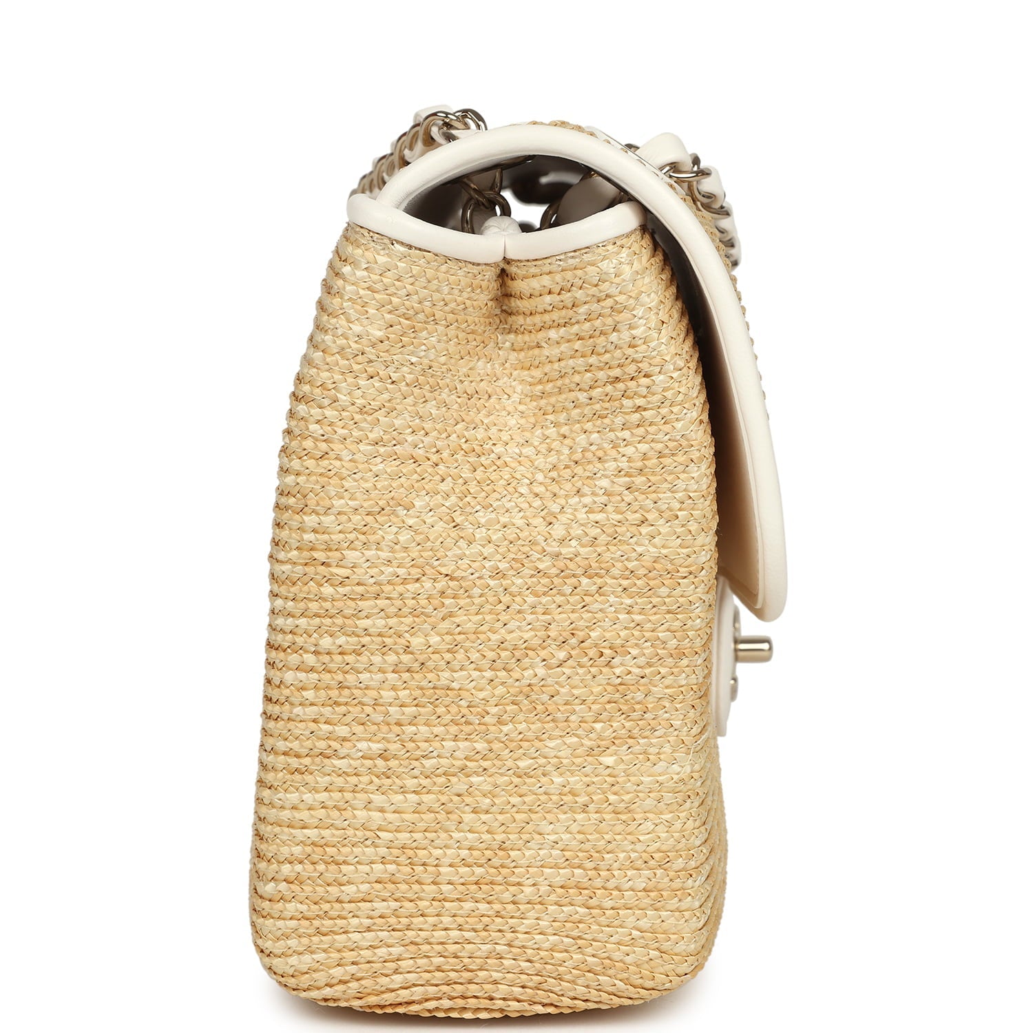 Chanel Large Flap Bag Beige Raffia and White Lambskin Light Gold Hardware