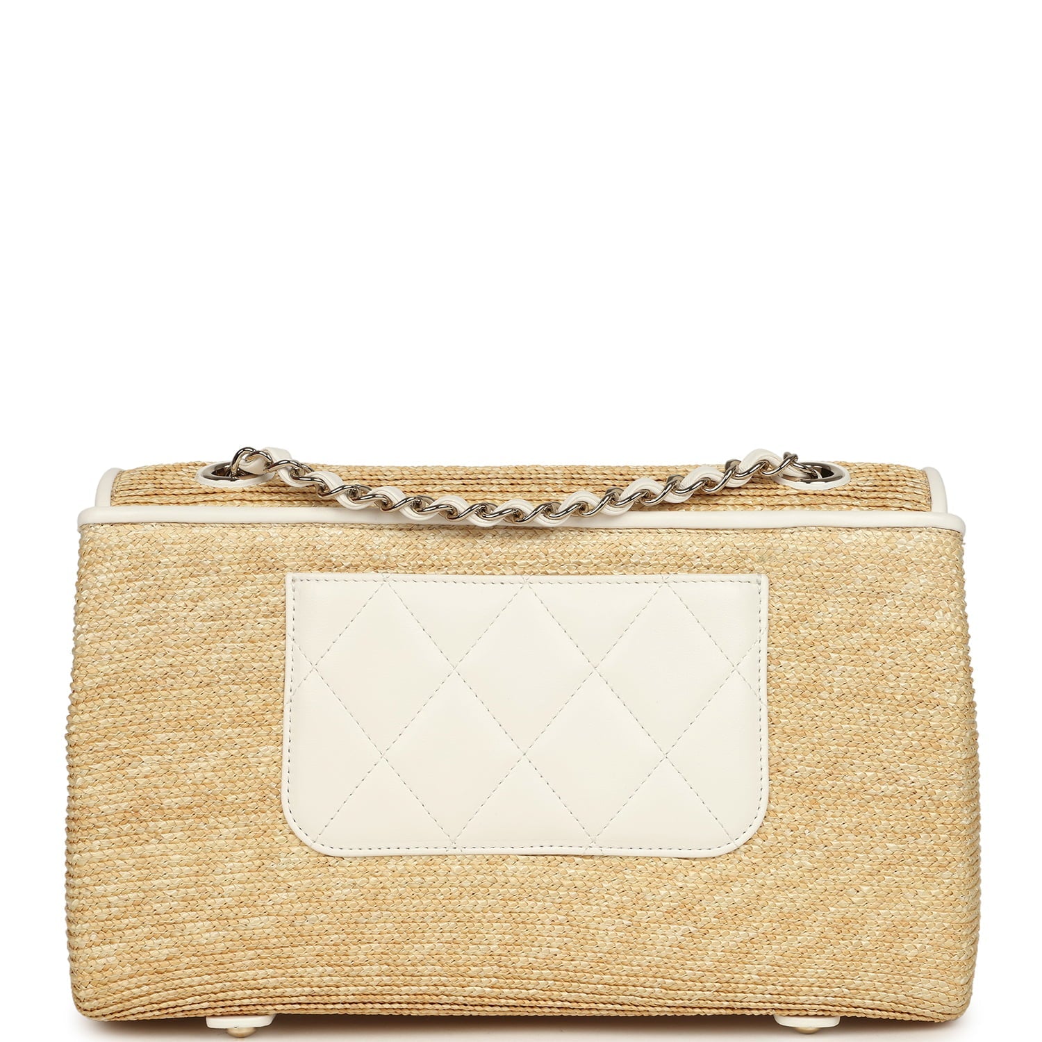 Chanel Large Flap Bag Beige Raffia and White Lambskin Light Gold Hardware